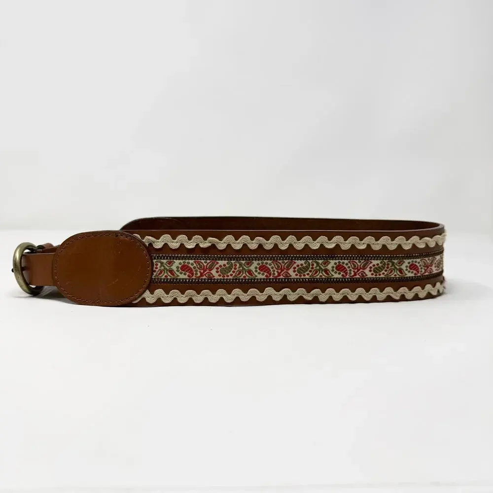 Brown Leather Folk Belt Paisley Fabric Rickrack Festival Ren Faire Peasant Sz M - Picture 3 of 12